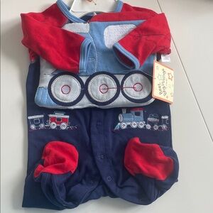 Red and Blue Train-Themed Baby Onesie